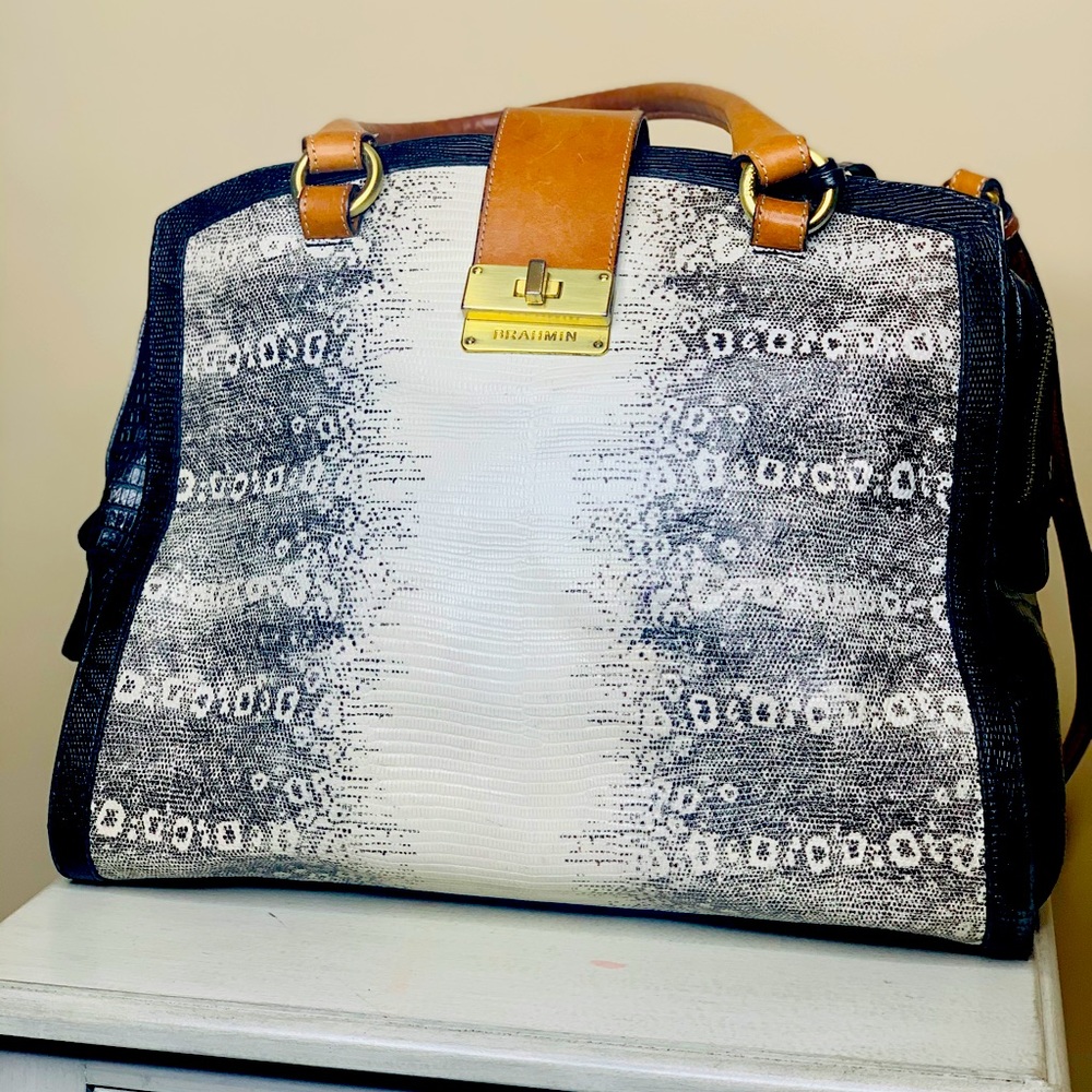 Brahmin Rare Pattern Black White Leather Handbag